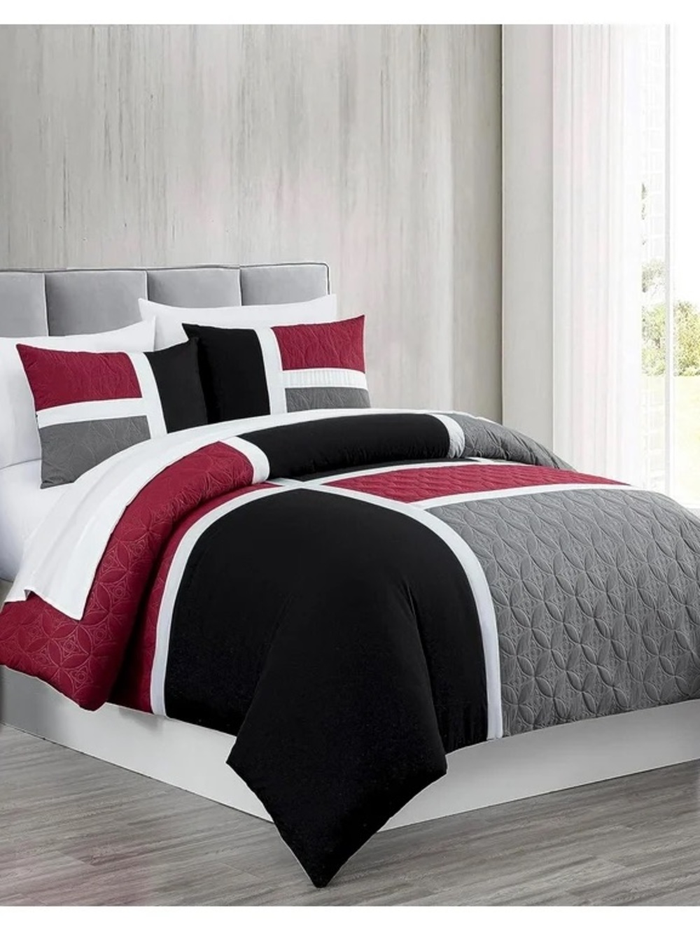 Modern Geometric Comforter Set in Black, Gray & Burgundy - Unbranded